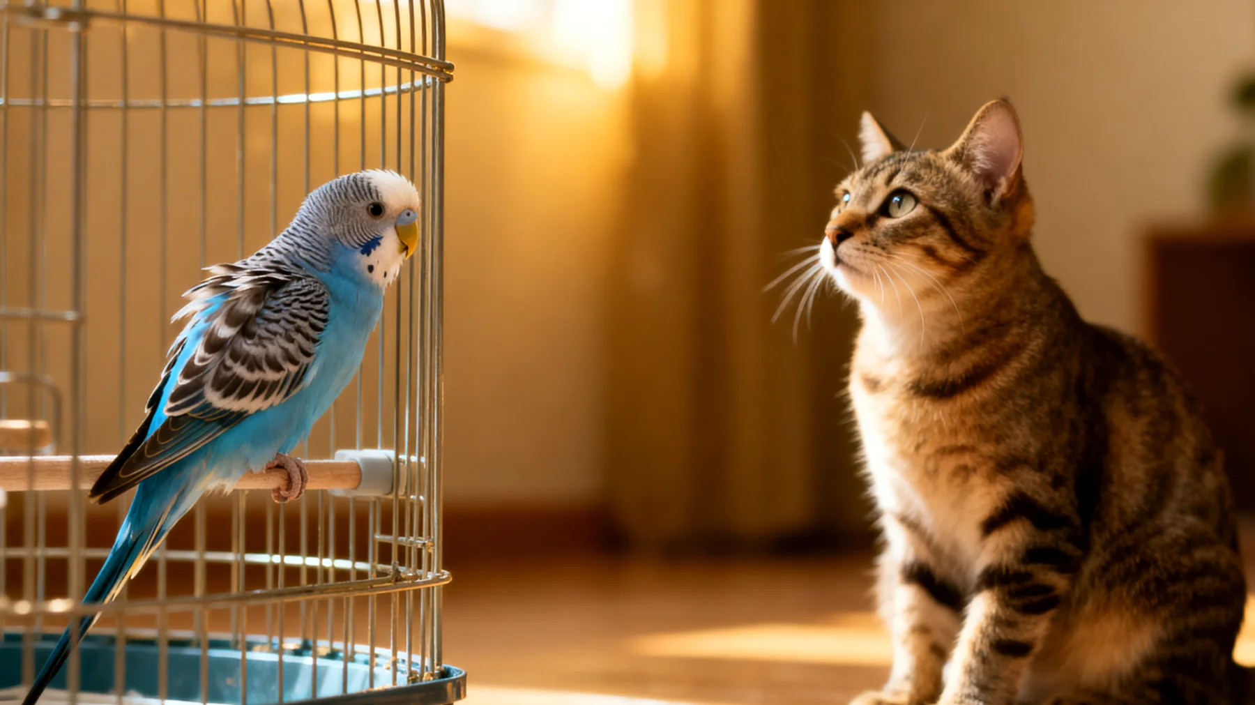 Wellensittiche zeigen oft Verhaltensprobleme und Stress, wenn sie mit anderen Haustieren wie Katzen oder Hunden zusammenleben, da sie als Beutetiere eine natürliche Angst vor Raubtieren haben und Schwierigkeiten haben, sich sicher und entspannt zu fühlen"